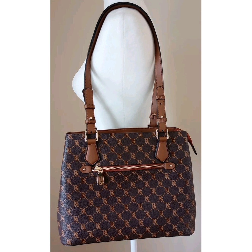 Bostanten Leather Khaki Signature Exterior Double Handle Shoulder Tote Bag  NWOT